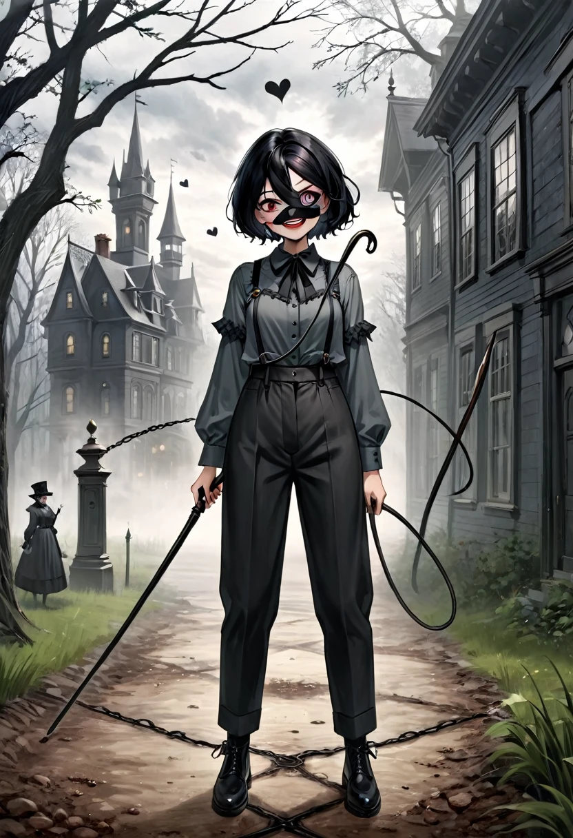 a girl with short black hair, and black eyes evil and crazy, with a heart eye patch, She is dressed in a Victorian-era shirt and dark pants. , and that your environment is dark and gloomy nature, laughing while holding a whip, His appearance is authoritarian and twisted