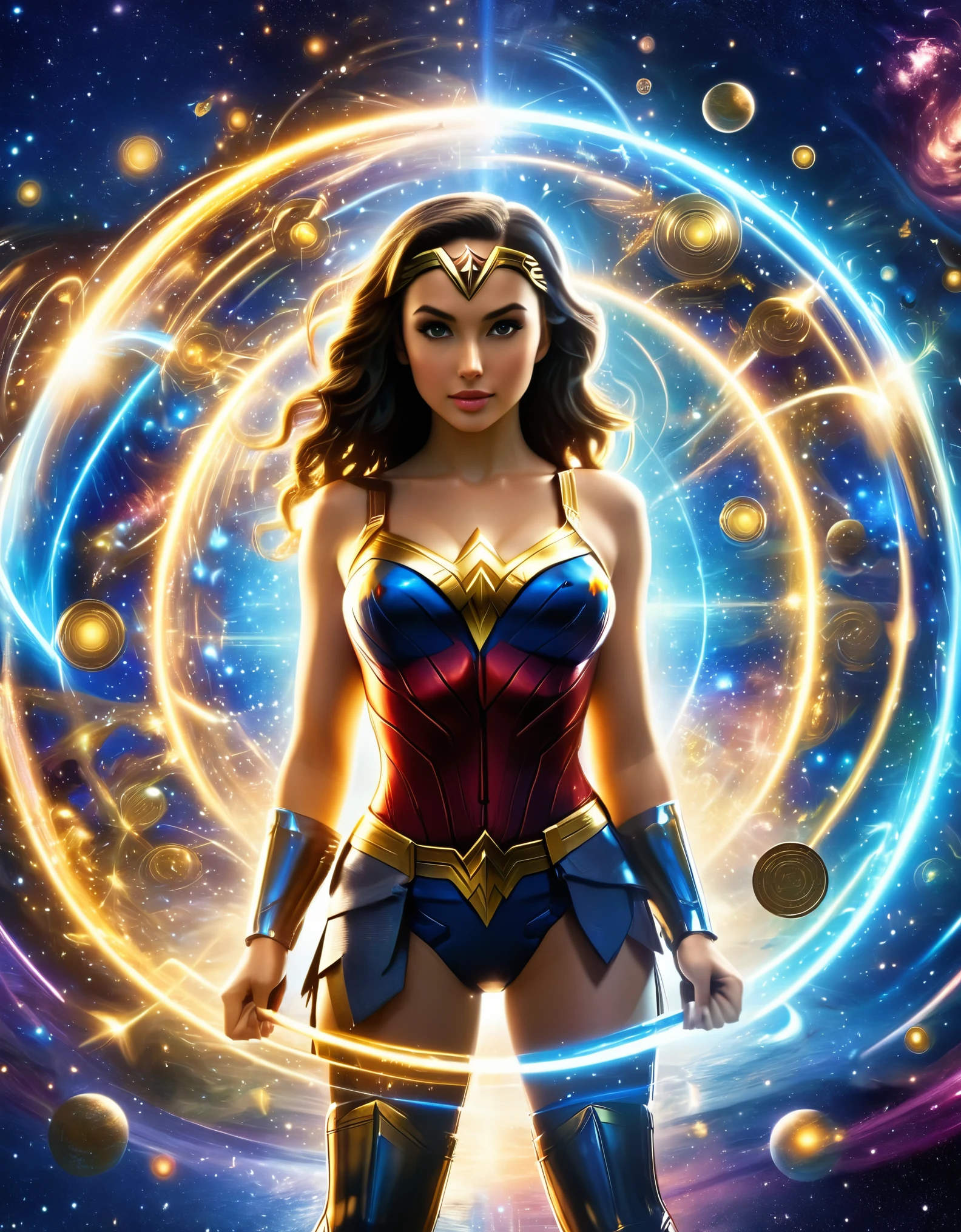 Visualize Wonder Woman from various universes converging in a mesmerizing nexus, symbolizing the interconnectedness of parallel worlds. Hyper realistic photo, 16k, vibrant colors