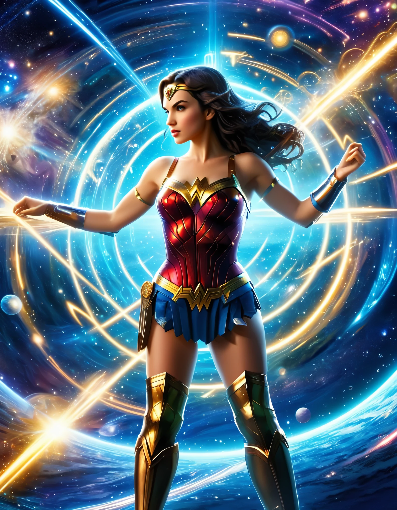 Visualize Wonder Woman from various universes converging in a mesmerizing nexus, symbolizing the interconnectedness of parallel worlds. Hyper realistic photo, 16k, vibrant colors
