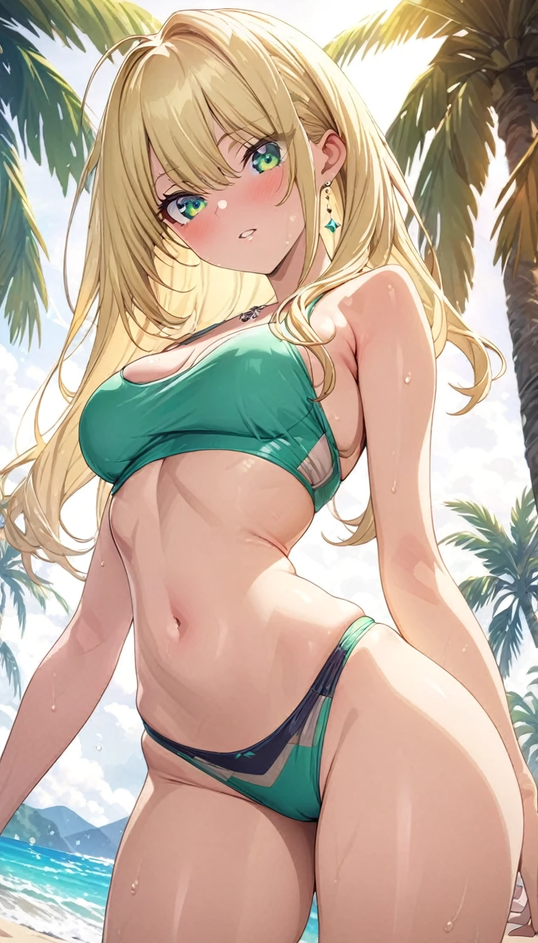 masterpiece, rich colors, Best quality, detailed, high resolution, Hyper quality, high detail, , high quality, detailing, skinny sexy girl on the beach , bright lighting , green eyes, Anime, palm trees, bright lighting, blonde,