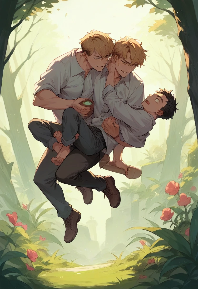 Two men carrying two pots
