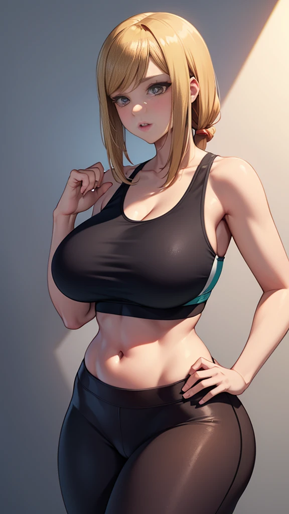 extremely delicate and beautiful, Amazing, finely detail, masterpiece, ultra-detailed, highres,best illustration, best shadow,intricate,sharp focus, high quality, woman, 28yrs, (Samus Aran), Samus, Samus from metroid, solo, long brown hair, curvy, milf, big breasts, huge breasts, (giant breasts), sexy body, genshin impact, sports bra, yoga pants, cutesexyrobutts style