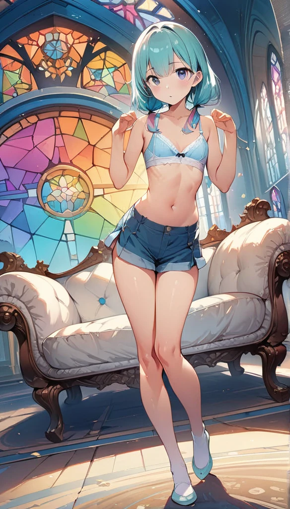 (masterpiece:1.8),(Highest quality:1.8),(Very detailed:1.8),(8k:1.8),(Ultra-fine Illustration:1.5),,,Straight low twintail,Flat Chest,Small Ass,(High-grade metallic silver,,lingerie:1.4),(Prayer Pose:1.5),Vintage sofa,,(Full body angle), Stained glass, Rainbow Gradient, Foundation, (bra:1.3), (lingerie,ホワイト,レース,フリルculottes:1.3), chemise