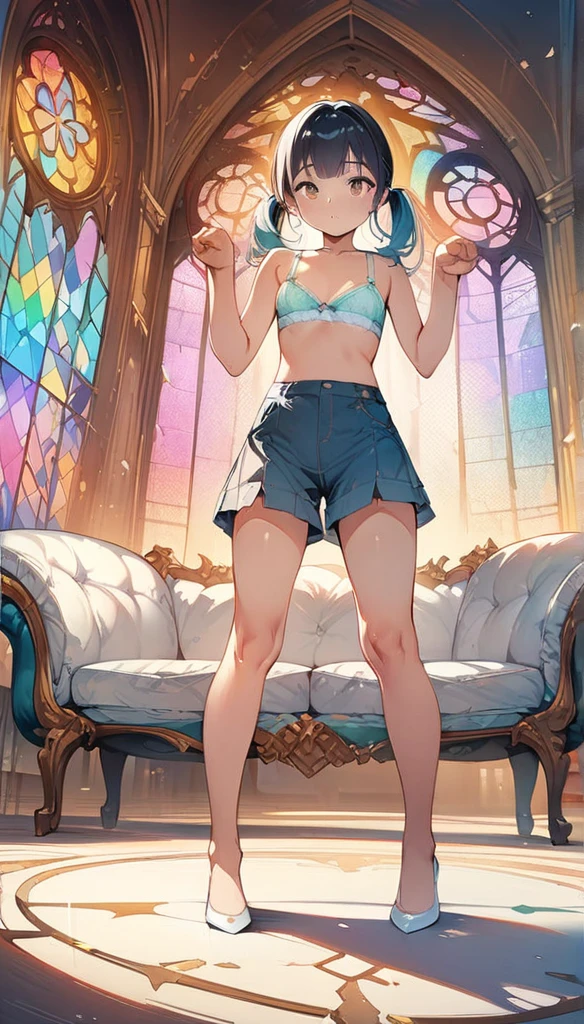 (masterpiece:1.8),(Highest quality:1.8),(Very detailed:1.8),(8k:1.8),(Ultra-fine Illustration:1.5),,,Straight low twintail,Flat Chest,Small Ass,(High-grade ,,lingerie:1.4),(Prayer Pose:1.5),Vintage sofa,,(Full body angle), Stained glass, Rainbow Gradient, Foundation, (bra:1.3), (lingerie,レース,culottes:1.1),