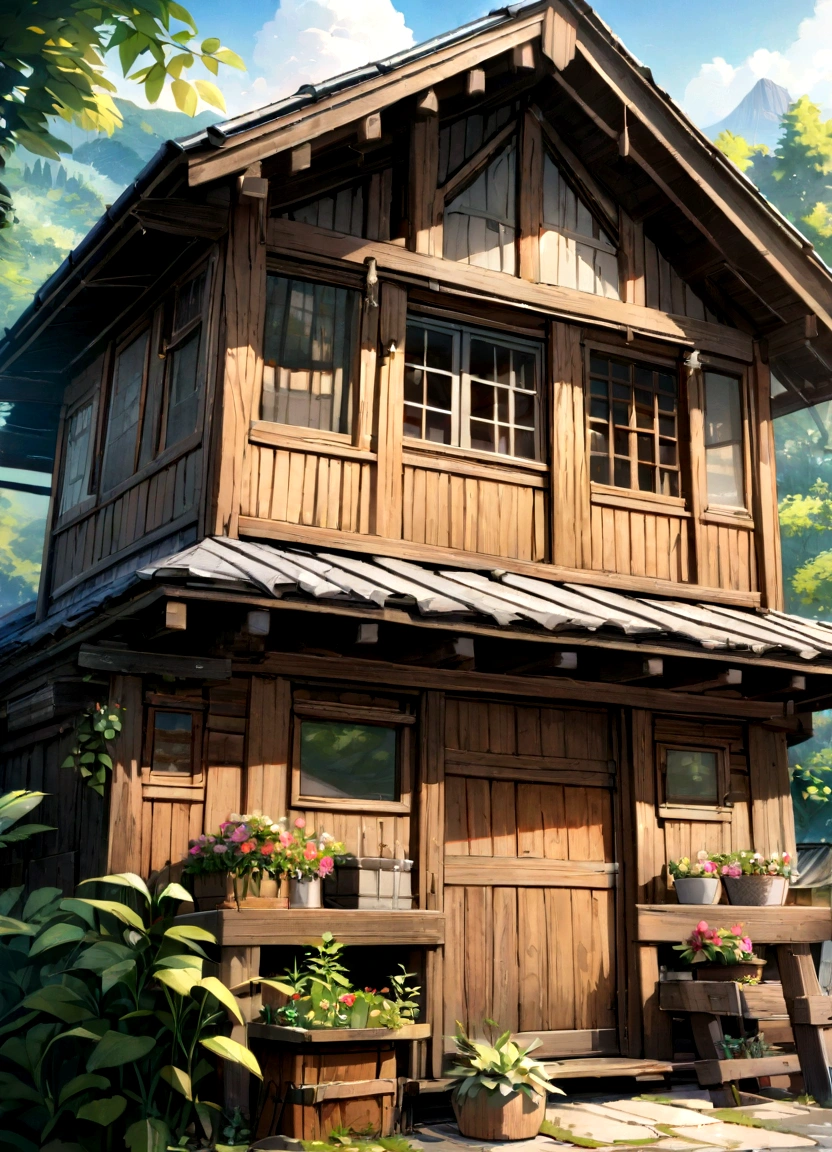 A pigeon on the roof、Highest quality、8K、Detailed facial depiction、masterpiece、Highest quality、Crisp image quality、Photo of an old wooden house and the surrounding nature