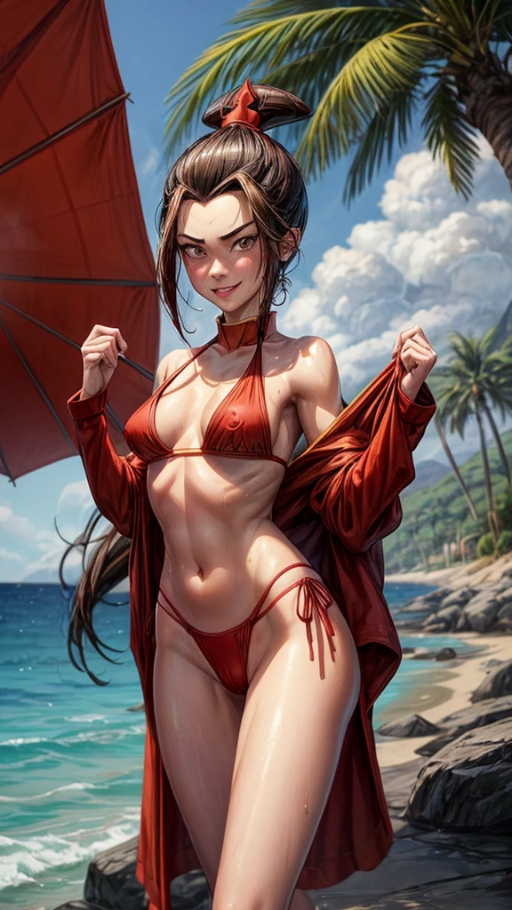 (Azula, avatar the last airbender, 1girl, beach,)) summer, medium shot, red bikini, string bikini, revealing, wet skin, sun kissed, long legs, petit body, perfect body, green eyes, blush, sunrays, ultra high quality, brown hair, small breasts, standing, cameltoe, wet clothes, wet hair, tugged hair, ponytail, fire nation hair, cute, pale skin, fire nation, long hair, looking at viewer, smiling, anime, detailed