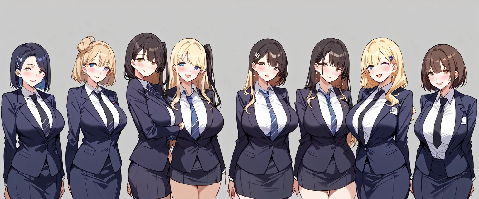 masterpiece, best quality, simple background, random hairstyle, large breasts, 6 girls, blazer, necktie,