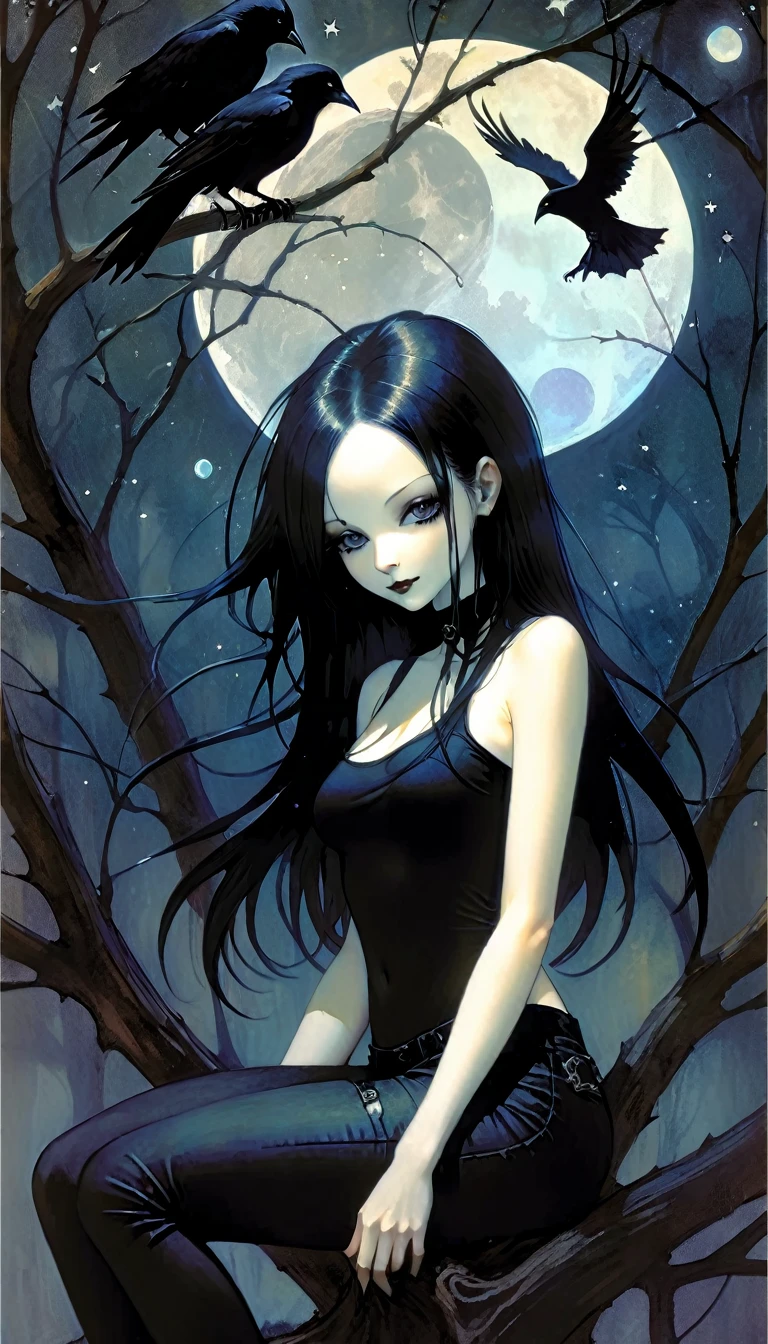 Sexy gothic girl, long black and straight hair, tight black t-shirt and jeans, small breasts, pale white skin tone, ankh symbol, a dark crow accompanies her, sitting under a tree with convoluted branches, magic, fantastic, night sky, moon , stars, background (simple oil painting in a Dave mcKean style)