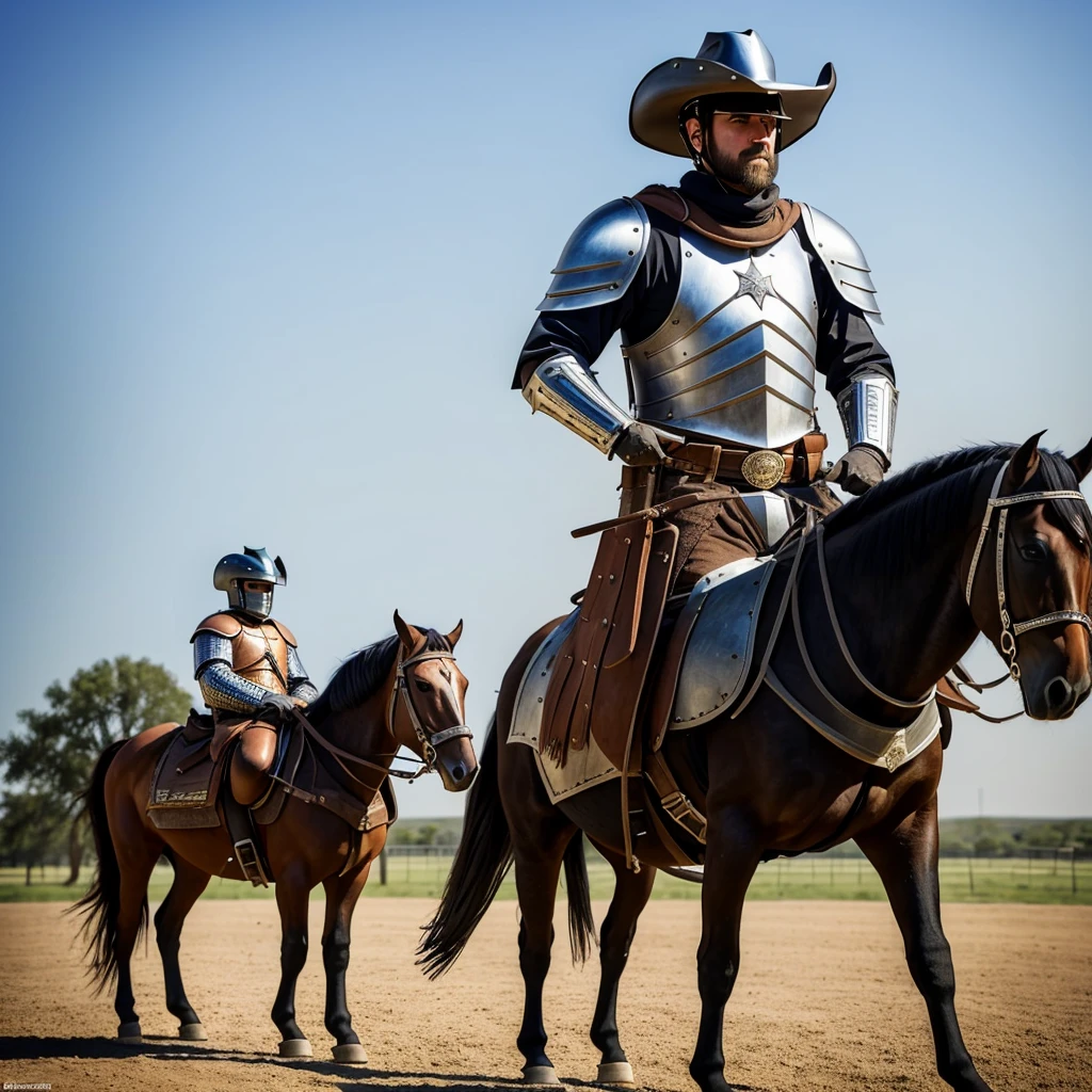 Make me a Midivil knight with an AK-47 and have him wearing a Cowboy hat helmet. Have there only be one knight and no horse