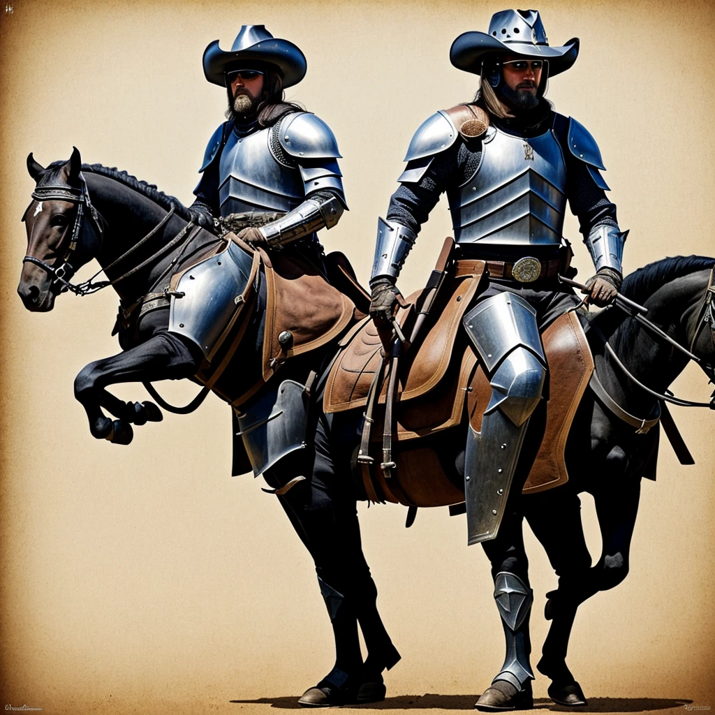 Make me a Midivil knight with an AK-47 and have him wearing a Cowboy hat helmet. Have there only be one knight and no horse