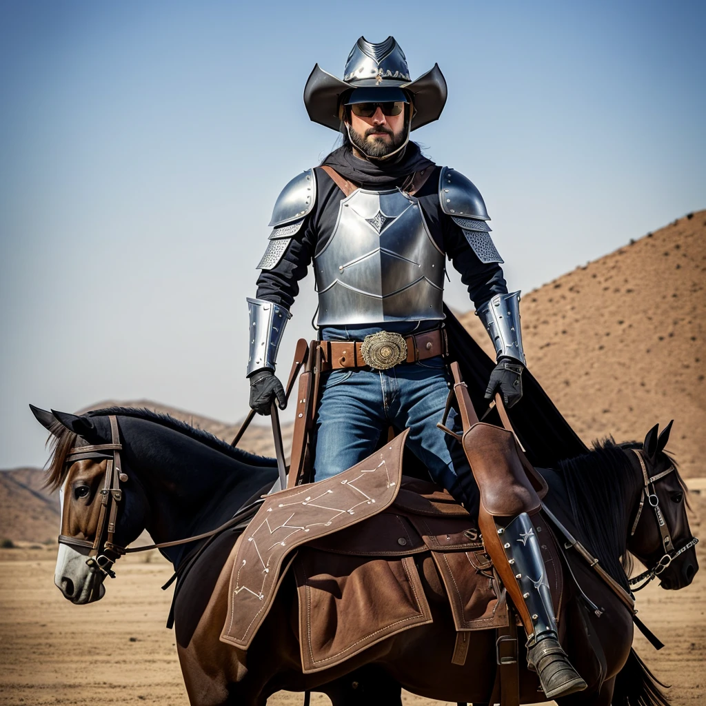 Make me a Midivil knight with an AK-47 and have him wearing a Cowboy hat helmet. Have there only be one knight and no horse