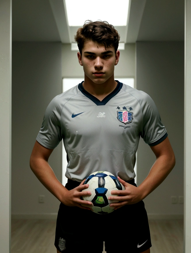 Create a photo of a football player with the head of the ager in the photo, sport image ( soccer ) more maintaining the body&#39;s natural structures, like 1,76 tall, 74 kg, without exaggeration on the body, ( Create images of a teenplayer, with a focused face) 