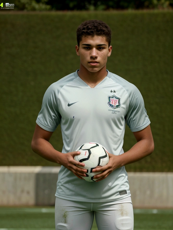 Create a photo of a football player with the head of the teenager in the photo, sport image ( soccer ) more maintaining the body&#39;s natural structures, like 1,76 tall, 74 kg, without exaggeration on the body, ( Create images of a teenage player, with a focused face) 