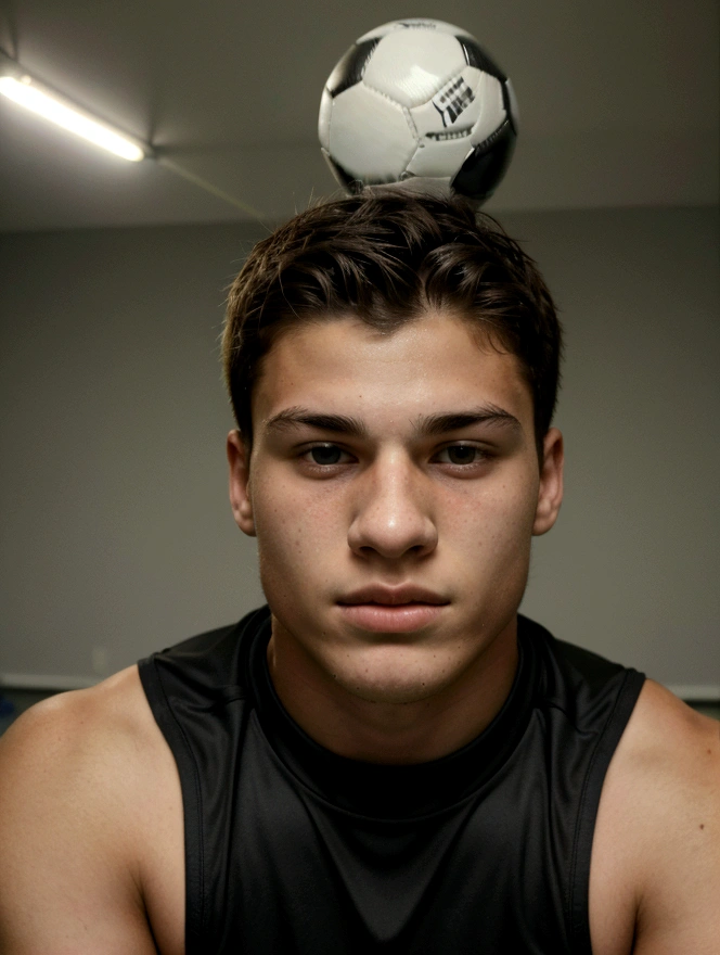 Create a photo of a football player with the head of the ager in the photo, sport image ( soccer ) more maintaining the body&#39;s natural structures, like 1,76 tall, 74 kg, without exaggeration on the body, ( Create images of a teenplayer, with a focused face) 