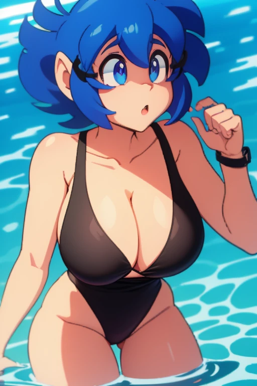 Emi has large breasts and she has blue hair and is wearing her black swimsuit
