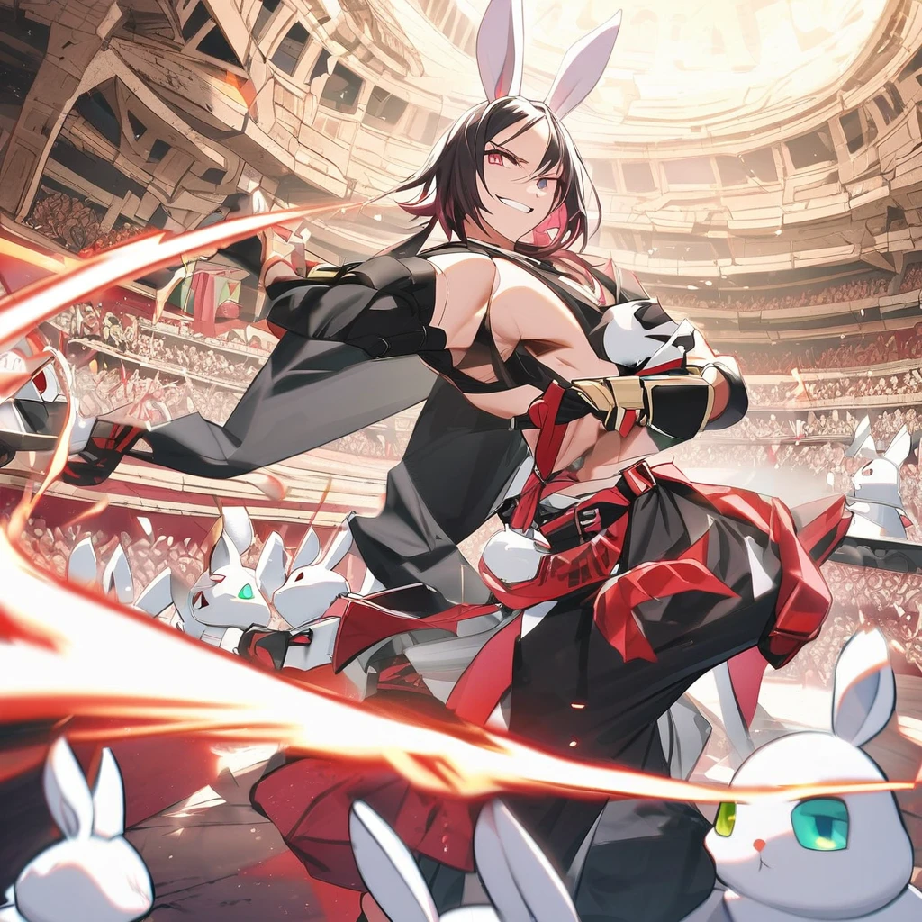 (well done: 1) humanoid white rabbit, gold earrings in the rabbit ears, dark pink left eye, light green right eye, black tank top, bands on the hands up to the forearms, black pants with a red belt on the waist, red sneakers with black details.  in a battle pose with a defiant smile on his face in a coliseum.