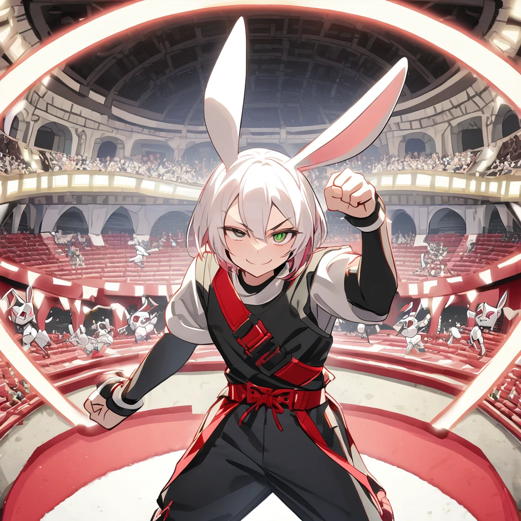 (well done: 1) humanoid white rabbit, gold earrings in the rabbit ears, dark pink left eye, light green right eye, black tank top, bands on the hands up to the forearms, black pants with a red belt on the waist, red sneakers with black details.  in a battle pose with a defiant smile on his face in a coliseum.