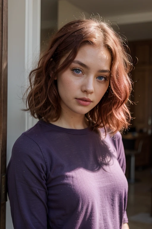 Woman with curly pink hair, purple shirt and blue eyes