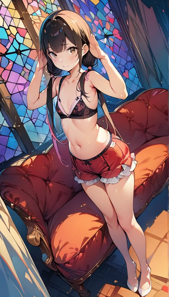 (masterpiece:1.8),(Highest quality:1.8),(Very detailed:1.8),(8k:1.8),(Ultra-fine Illustration:1.5),,,Straight low twintail,Flat Chest,Small Ass,(High-grade ,,lingerie:1.4),(Prayer Pose:1.5),Vintage sofa,,(Full body angle), Stained glass, Rainbow Gradient, Foundation, (bra:1.3), (lingerie,フリルculottes:1.5),