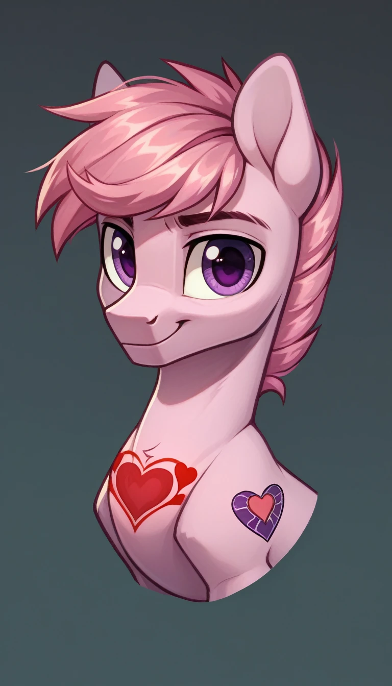 score_9, score_8_up, score_7_up, MLP, pink fur, pink hair, violet eyes, warm smile, golden heart tattoo, , only one stallion pony, solo scene, 
