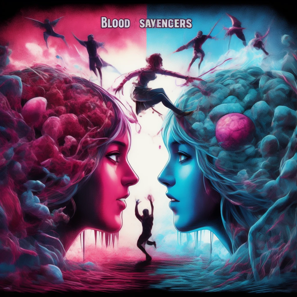 blood scavengers opposite world dream cyan magenta. A fight inside a broken mind. A splendid beautiful trans woman trying to emerge as the future in an astonishing panorama of end times.