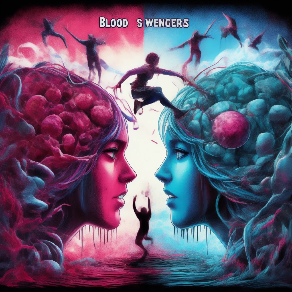 blood scavengers opposite world dream cyan magenta. A fight inside a broken mind. A splendid beautiful trans woman trying to emerge as the future in an astonishing panorama of end times.