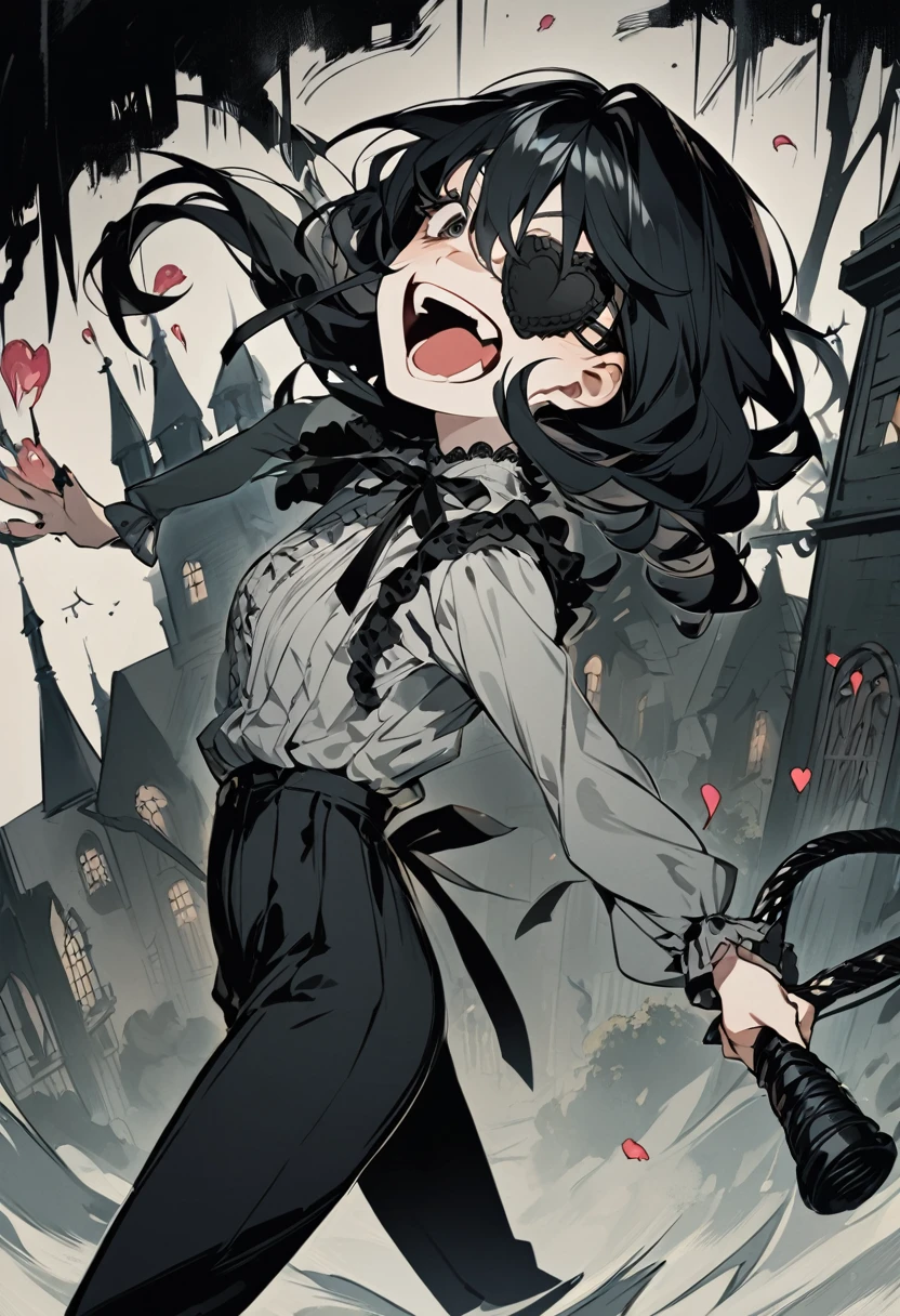 a girl with short black hair, and black eyes evil and crazy, with a heart eye patch, She is dressed in a Victorian-era shirt and dark pants. , and that your environment is dark and gloomy nature, laughing while holding a whip, His appearance is authoritarian and twisted