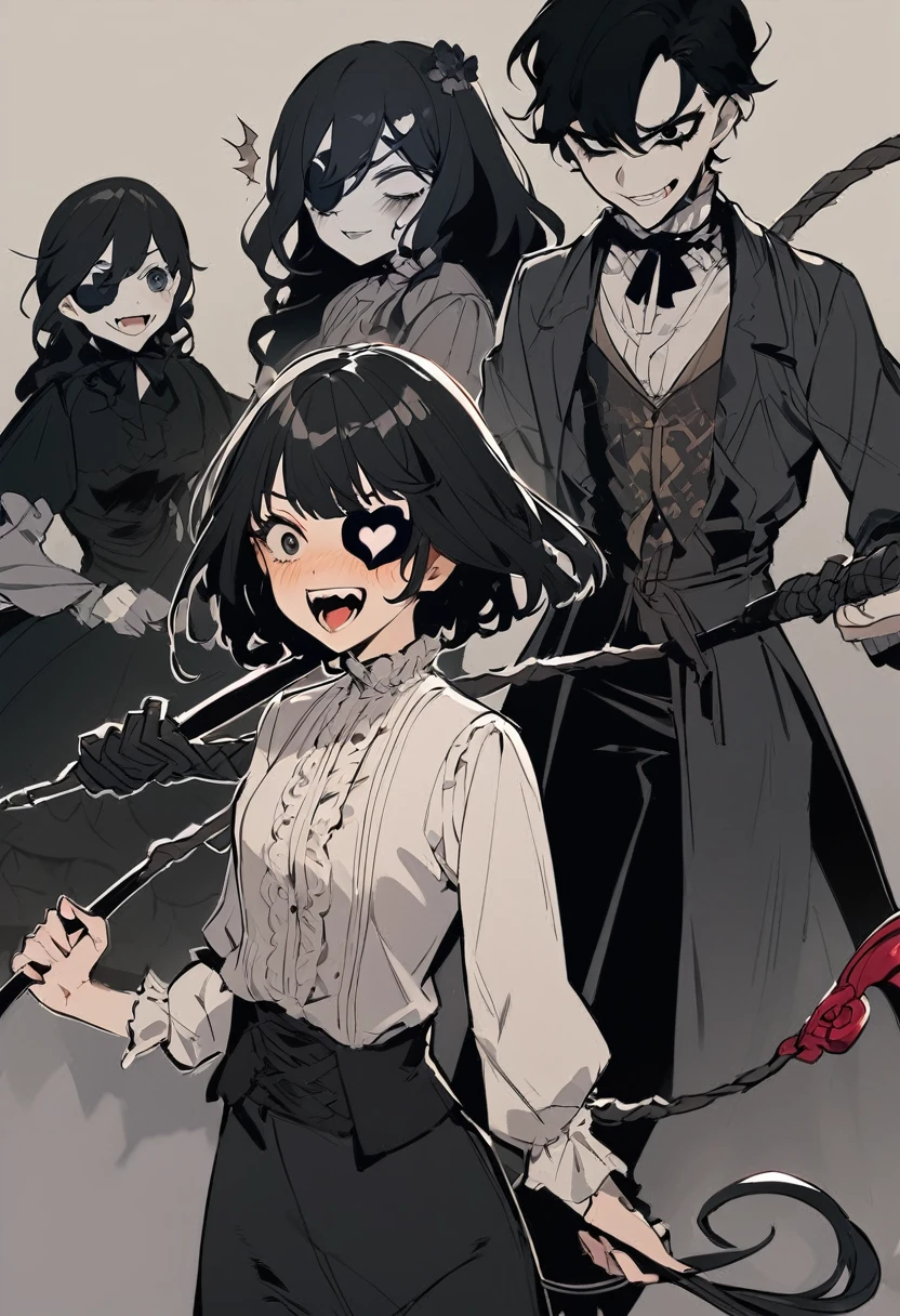 a girl with short black hair, and black eyes evil and crazy, with a heart eye patch, She is dressed in a Victorian-era shirt and dark pants. , and that your environment is dark and gloomy nature, laughing while holding a whip, His appearance is authoritarian and twisted