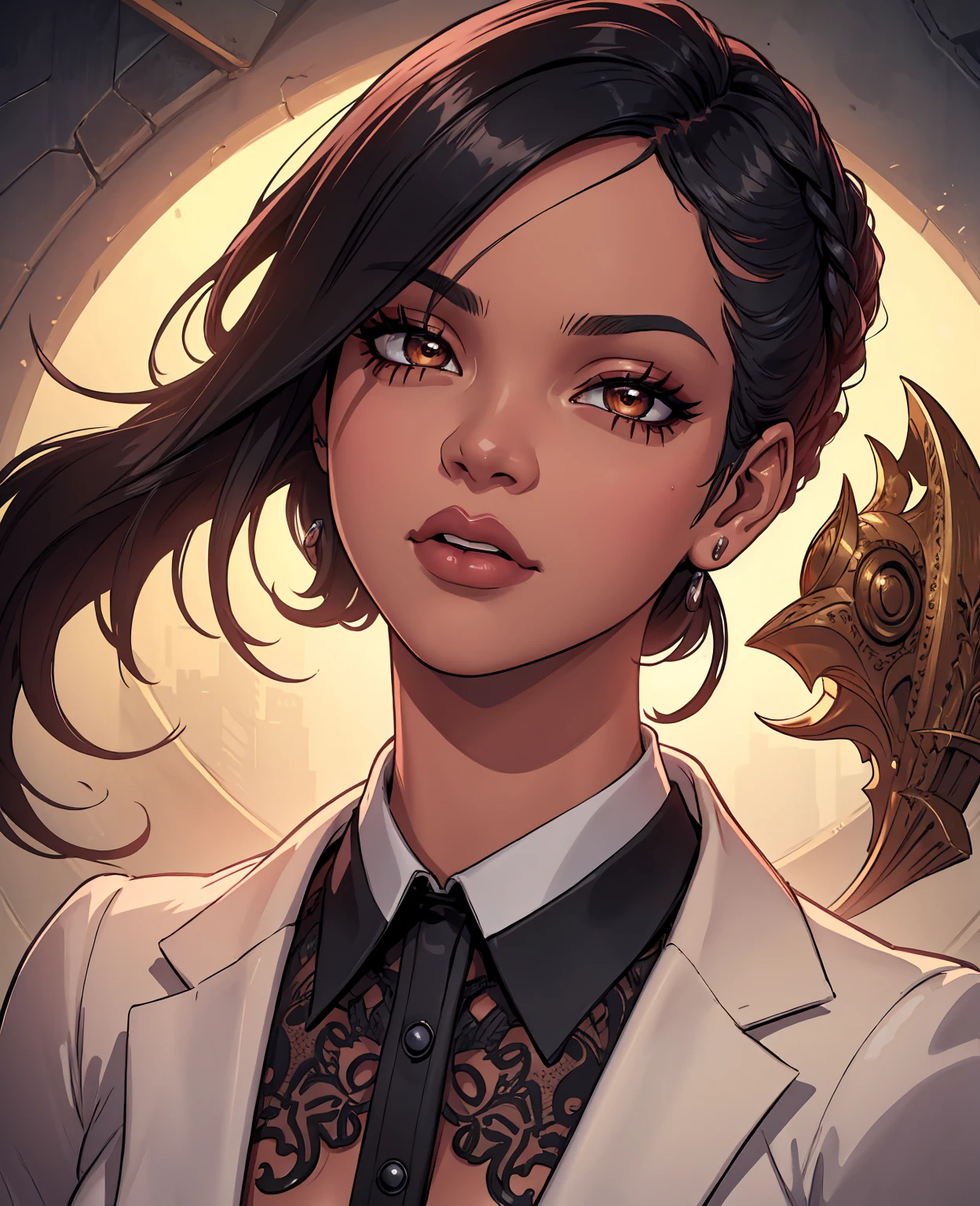 a beautiful detailed portrait of rihanna, realistic and photorealistic, wearing a business suit, professional and confident expression, detailed facial features, intricate hairstyle, studio lighting, highly detailed, cinematic, dramatic lighting, rich color palette, elegant and sophisticated
