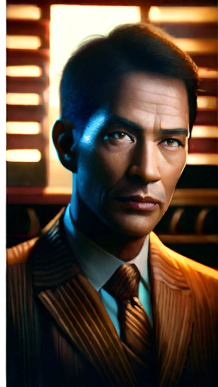 intricate detailed portrait of a heroic man wearing a brown suit with golden stripes, chiaroscuro lighting, cinematic dramatic lighting, highly detailed facial features, piercing eyes, strong jawline, confident expression, epic dramatic pose, lush detailed background, cinematic composition, photorealistic, (best quality,4k,8k,highres,masterpiece:1.2),ultra-detailed,(realistic,photorealistic,photo-realistic:1.37),dramatic moody lighting,warm color palette