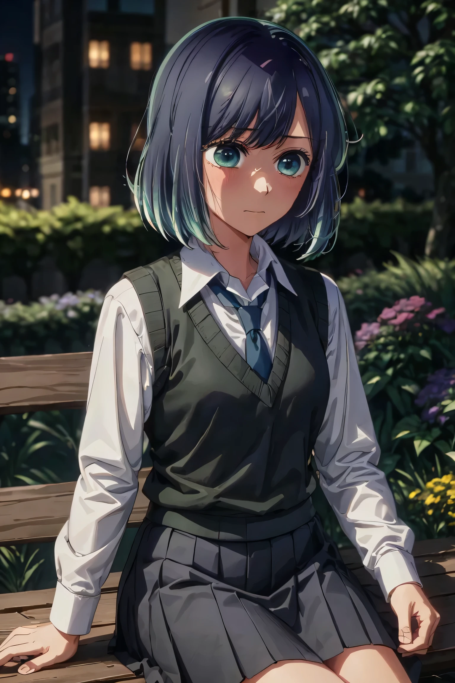 best quality, masterpiece, 1 girl, alone, detailed eyes, nervous, very nervous, blushing, hands behind the head, tie, shirt, blue tie, blue hair, white shirt, long sleeves, averted gaze, medium hair, shirt collared, vest, indoors, bangs, vest, closed mouth, green eyes, multicolored hair, black vest, short hair, bleached hair, blue eyes, skirt, night, flower park background, sitting on a bench, leaning on the back of the bench,