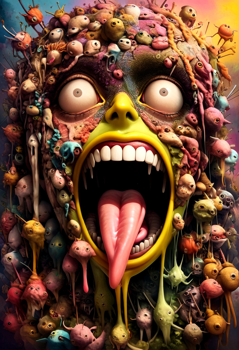 Generate a photo about ultra high resolution images of gross yellow teeth with bacteria flying out and a tongue hanging out