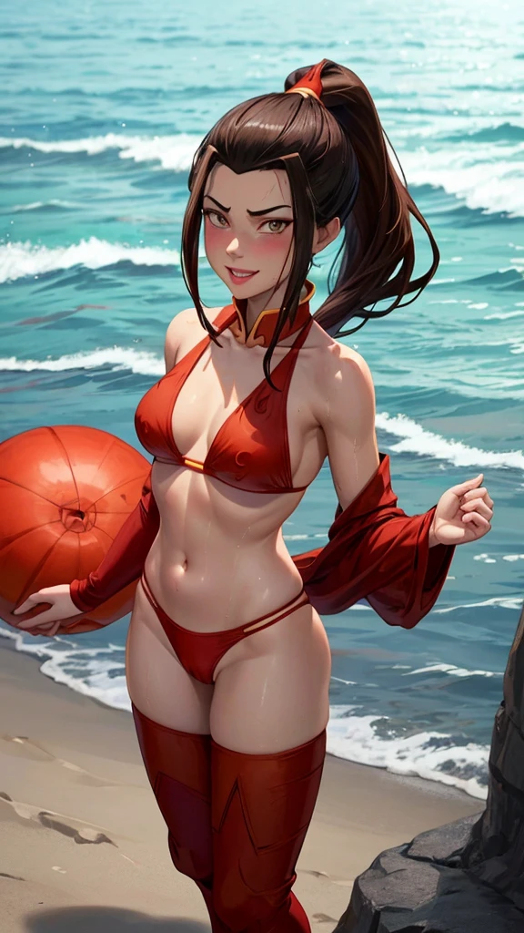 (Azula, avatar the last airbender, 1girl, beach,)) summer, medium shot, red bikini, string bikini, revealing, wet skin, sun kissed, long legs, body, perfect body, green eyes, blush, sunrays, ultra high quality, brown hair, medium breasts, standing, cameltoe, wet clothes, wet hair, tugged hair, ponytail, fire nation hair, cute, pale skin, fire nation, long hair, looking at viewer, smiling, anime, detailed
