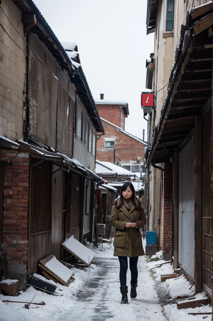 photorealistic、realistic skin texture、A beautiful Japanese woman belonging to the American military is in a city of winter rubble.、alley、old brick building、I'm on guard、Backpack、military uniform, tactical puffer jacket、baseball cap、holding automatic rifle、bulletproof ves snowing、moving action pose、muddy boots