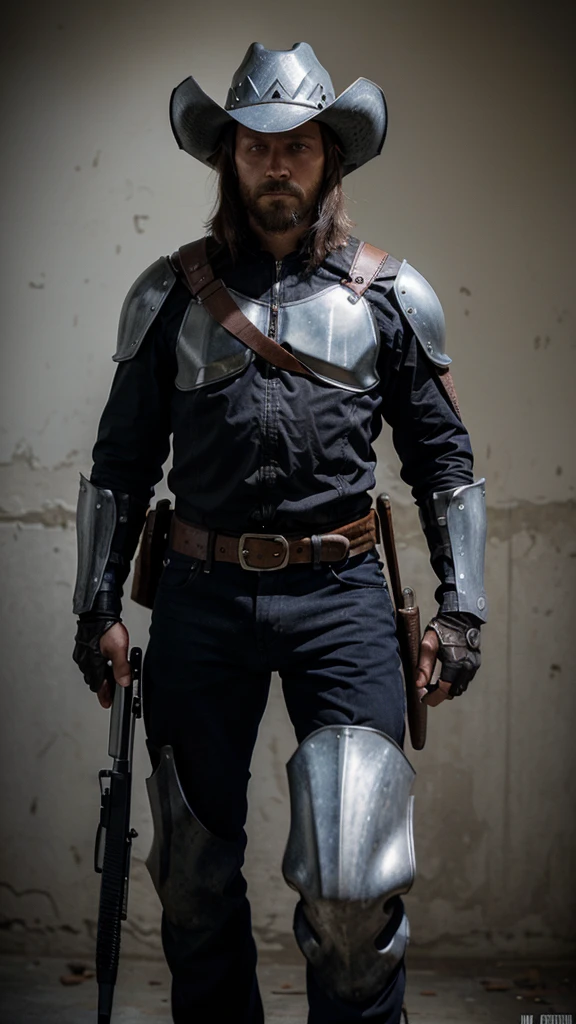 Make me a Midivil knight with an AK-47 and have him wearing a Cowboy hat helmet. Have there only be one knight and no horse