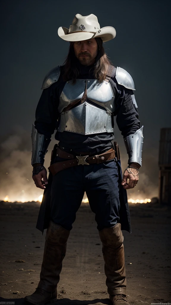 Make me a Midivil knight with an AK-47 and have him wearing a Cowboy hat helmet. Have there only be one knight and no horse
