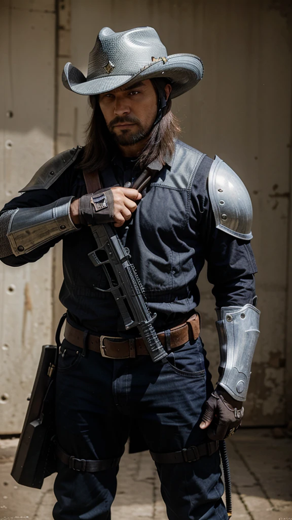 Make me a Midivil knight with an AK-47 and have him wearing a Cowboy hat helmet. Have there only be one knight and no horse 