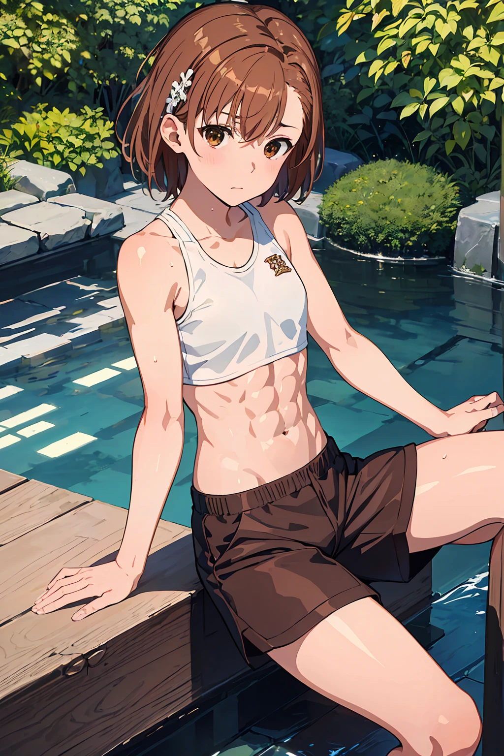 NSFW (Highest quality:1.5, High resolution, uhd, 4K, Detailed lighting, Shaders), ,{{Misaka Mikoto}} ,solo Brown Hair, ((Brown eyes)), short hair Barrette ((Beautiful Abs)) {{topless}}++ Sweat in the navel wet shorts , ,Outdoor Cool look garden grass