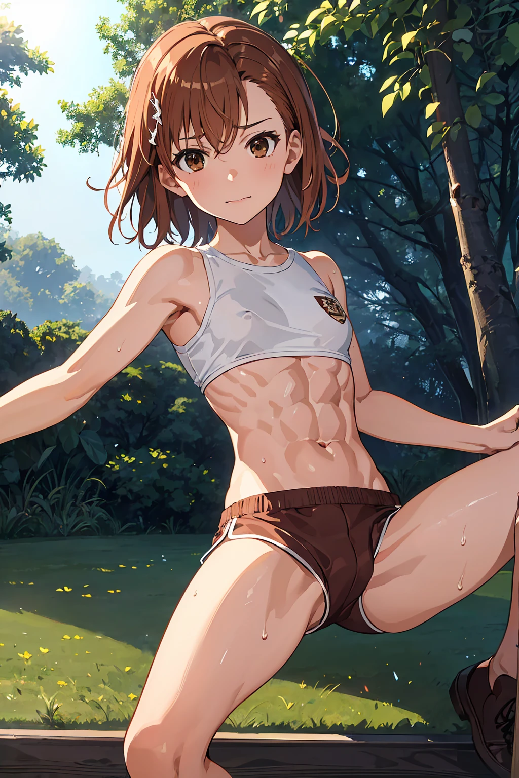 NSFW　(Highest quality:1.5, High resolution, uhd, 4K, Detailed lighting, Shaders),　,{{Misaka Mikoto}} ,solo 　Brown Hair, ((Brown eyes)),　short hair　Barrette　 ((Beautiful Abs))　{{topless}}++　Sweat in the navel　wet shorts ,　,Outdoor　　Cool look　　garden　grass