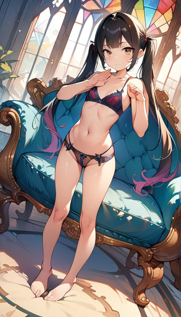 (masterpiece:1.8),(Highest quality:1.8),(Very detailed:1.8),(8k:1.8),(Ultra-fine Illustration:1.5),,,Straight low twintail,Flat Chest,Small Ass,(High-grade ,,lingerie:1.4),(Prayer Pose:1.5),Vintage sofa,,(Full body angle), Stained glass, Rainbow Gradient, Foundation, (bra:1.3), (lingerie,レース),