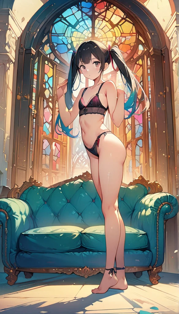 (masterpiece:1.8),(Highest quality:1.8),(Very detailed:1.8),(8k:1.8),(Ultra-fine Illustration:1.5),,,Straight low twintail,Flat Chest,Small Ass,(High-grade ,,lingerie:1.4),(Prayer Pose:1.5),Vintage sofa,,(Full body angle), Stained glass, Rainbow Gradient, Foundation, (bra:1.3), (lingerie,レース),