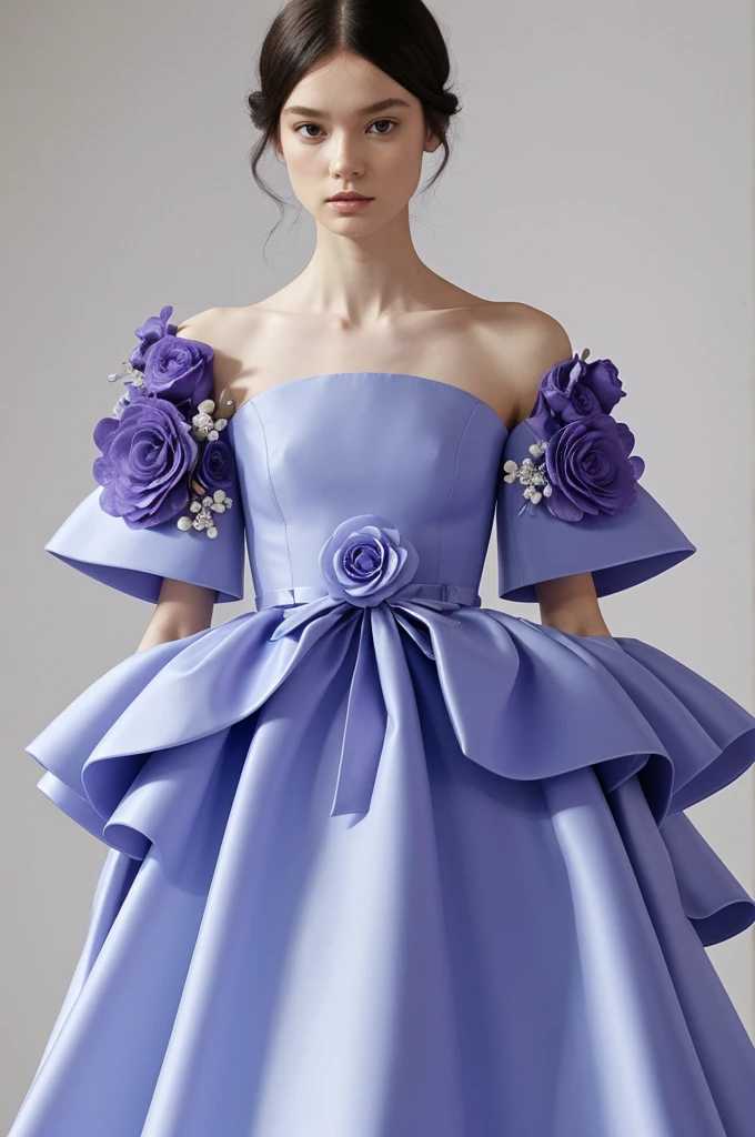 ful dressed, haute couture, flowers, Alexander McQueen, baby blue, Purple,