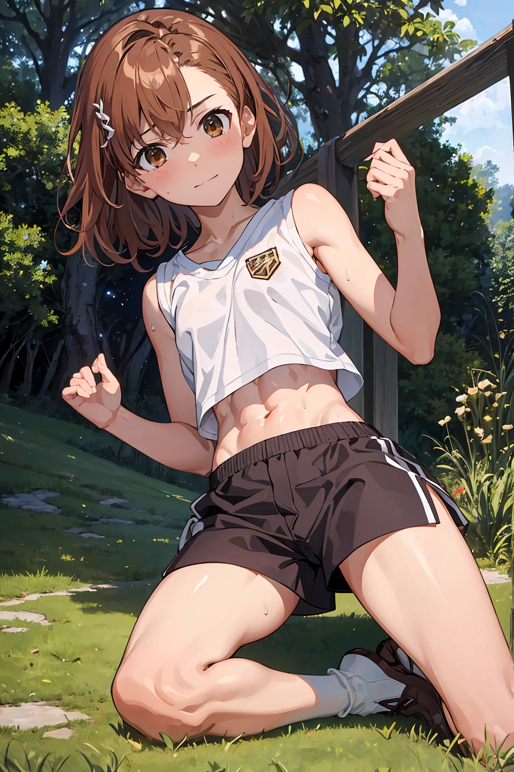 NSFW　(Highest quality:1.5, High resolution, uhd, 4K, Detailed lighting, Shaders),　,{{Misaka Mikoto}} ,solo 14 years old　Brown Hair, ((Brown eyes)),　short hair　Barrette　 ((Beautiful Abs))　{{topless}}++　Sweat in the navel　wet shorts ,　,Outdoor　　Cool look　　garden　grass