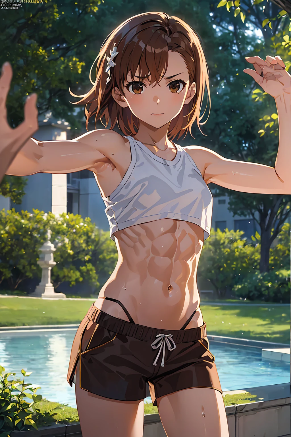 NSFW　(Highest quality:1.5, High resolution, uhd, 4K, Detailed lighting, Shaders),　,{{Misaka Mikoto}} ,solo 14 years old　Brown Hair, ((Brown eyes)),　short hair　Barrette　 ((Beautiful Abs))　{{topless}}++　Sweat in the navel　wet shorts ,　,Outdoor　　Cool look　　garden　grass