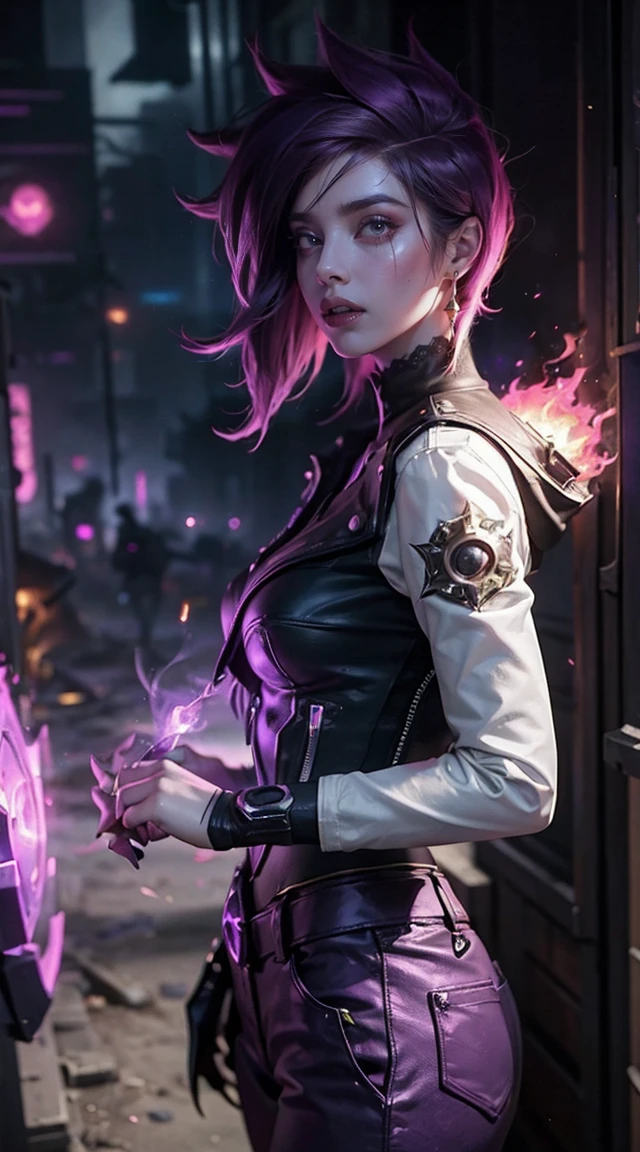 League of Legends girl style, a woman with purple hair, cyberpunk woman anime woman, potassium, Beautiful angry cyberpunk goddess, cyberpunk artstyle, cyberpunk anime digital art, cyberpunk anime art, Film Poster, girl portrait, cyberpunk anime art, cyberpunk themed art, cyberpunk dark fantasy, garota de League of Legends, 1 girl, short purple hair , short-hair, purple hair girl, shorth hair, burning place, white  shirt, dark red leather jacket, sideways, girl on an abandoned street, cabelo roxo, shorth hair, green eyes, Pink lips, standing, ultra detalhada, ​masterpiece, super verbose. garota de League of Legends. purple hair girl/Violette, girl in brown pants, white blouse, dark red leather jacket, estilo uma garota de Resident Evil em um burning place, spark, spheres of light, Film Poster, League of Legends, League of Legends style, Saw from arcane in an abandoned city, Everything is burning, fire everywhere, purple hair girl,  shorth hair 