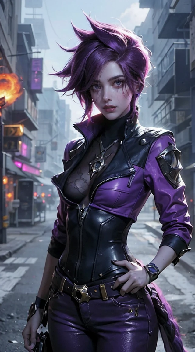 League of Legends girl style, a woman with purple hair, cyberpunk woman anime woman, potassium, Beautiful angry cyberpunk goddess, cyberpunk artstyle, cyberpunk anime digital art, cyberpunk anime art, Film Poster, girl portrait, cyberpunk anime art, cyberpunk themed art, cyberpunk dark fantasy, garota de League of Legends, 1 girl, short purple hair , short-hair, purple hair girl, shorth hair, burning place, white shirt, dark red leather jacket, sideways, girl on an abandoned street, cabelo roxo, shorth hair, green eyes, Pink lips, standing, ultra detalhada, masterpiece, super verbose. garota de League of Legends. purple hair girl/Violette, girl in brown pants, white blouse, dark red leather jacket, estilo uma garota de Resident Evil em um burning place, spark, spheres of light, Film Poster, League of Legends, League of Legends style, Saw from arcane in an abandoned city, Everything is burning, fire everywhere, purple hair girl, shorth hair