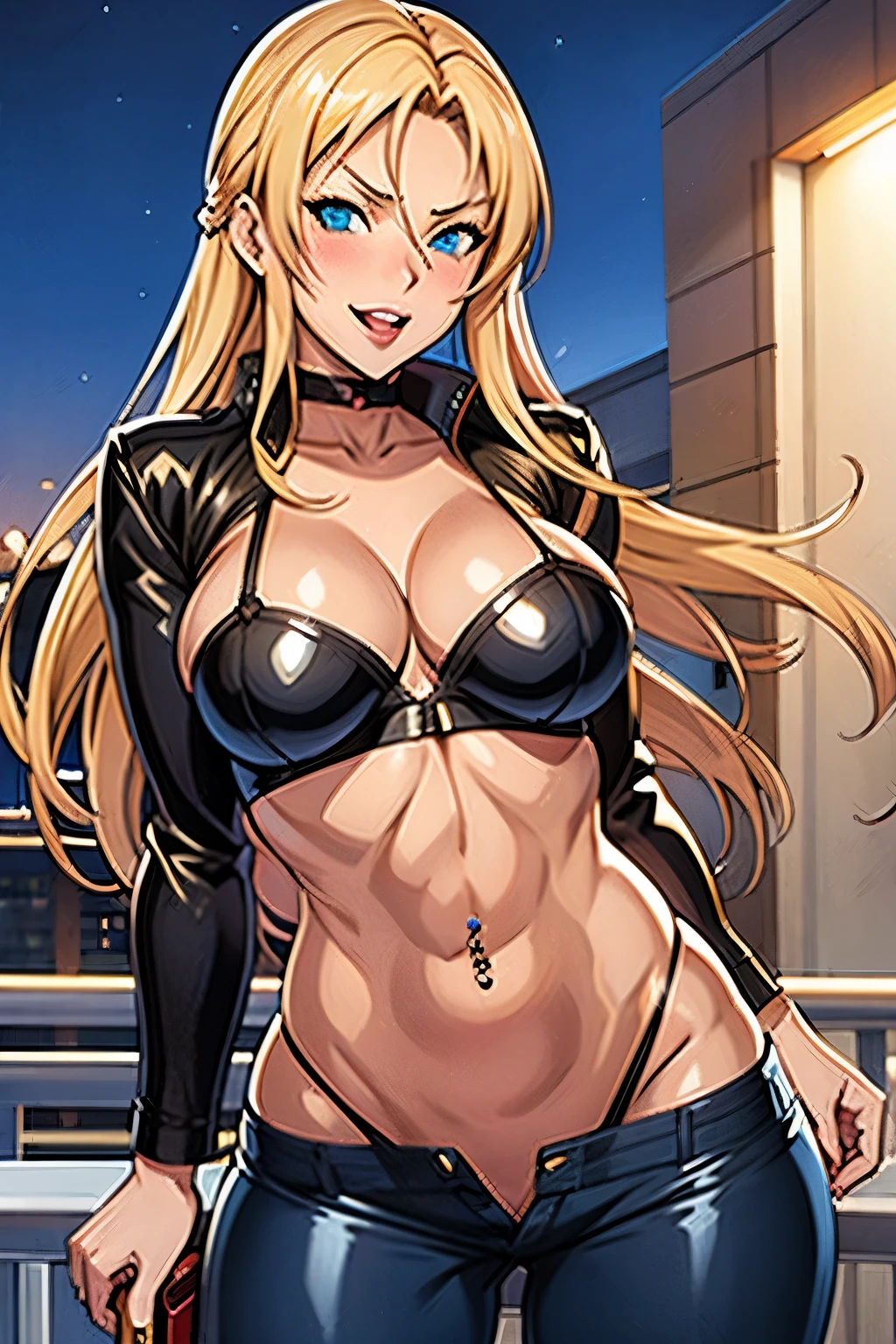 Reina Morimoto, morimoto_reina, (blue eyes, , blonde hair, blonde, blush, lipstick, outdoors, rooftop, cityscape, building, railing, night, night sky, scenery, city lights, blush, lipstick, masterpiece, best quality, highly detailed, a girls with a gun, evil smile , open mouth, sexy gaze, badass pose , evil smile, smile, (nsfw) not safe for work, guns blazing, anime girl with long hair, beautiful long haired girl, navel, evil expression, exposed belly, exposed navel, exposed midriff, exposed lower belly, long black pants, crop top, cleavage, unbuttoned leather pants ,open fly, low rise black leather pants, leather jacket, holding a gun, navel piercing