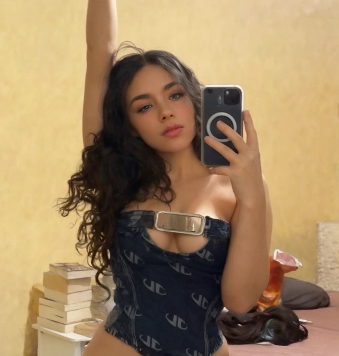 (sharp focus:1.2), photo, attractive young woman, (beautiful face:1.1), detailed eyes, luscious lips, (smokey eye makeup:0.85), (huge breasts:1.0), (fragile body:1.2), (wavy blue hair:1.2), wearing (revealing dress:1.2) on a (cliffside:1.2). (moody lighting:1.2), depth of field, bokeh, 4K, HDR. by (James C. Christensen:1.2|Jeremy Lipking:1.1).