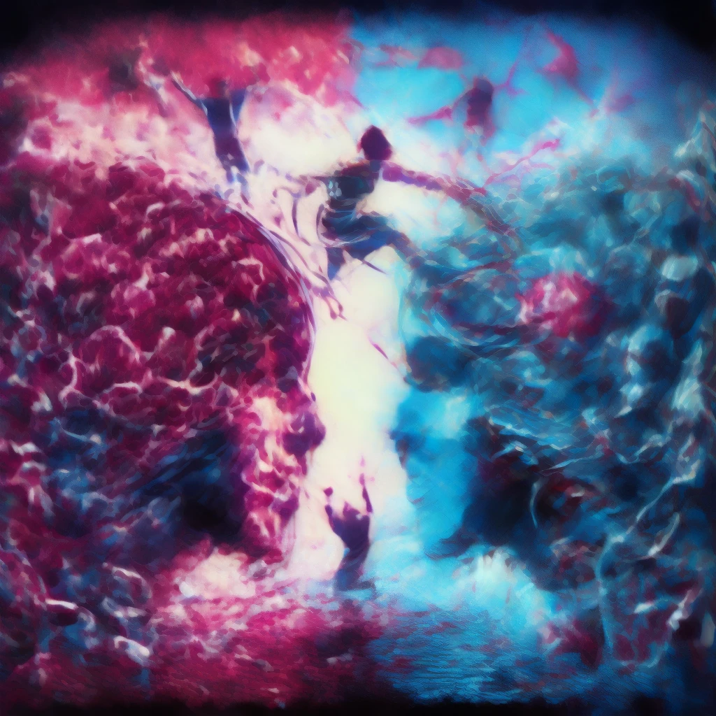 blood scavengers opposite world dream cyan magenta. A fight inside a broken mind. A splendid beautiful trans woman trying to emerge as the future in an astonishing panorama of end times.
