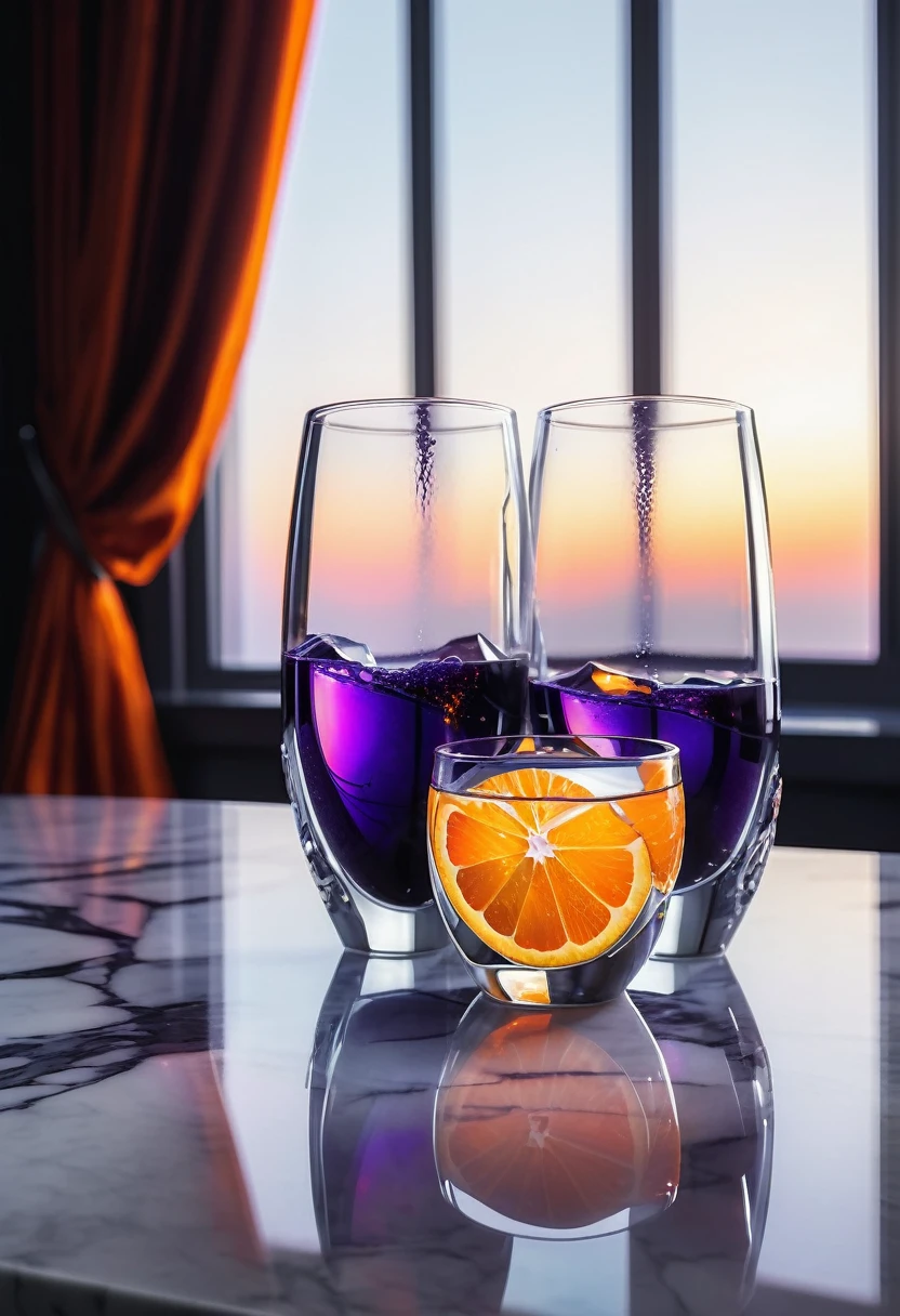 surreal glass shape, liquid glass, chromatic aberration, broken prism, refraction, light caustics, detailed illustration , oranges on a white marble table, deep purple velvet drapes, 8k, photography style,2 glasses with orange bioluminescent fluid in them, on a white marble table, bioluminescent, colorfull, glow, at sunset. misty light